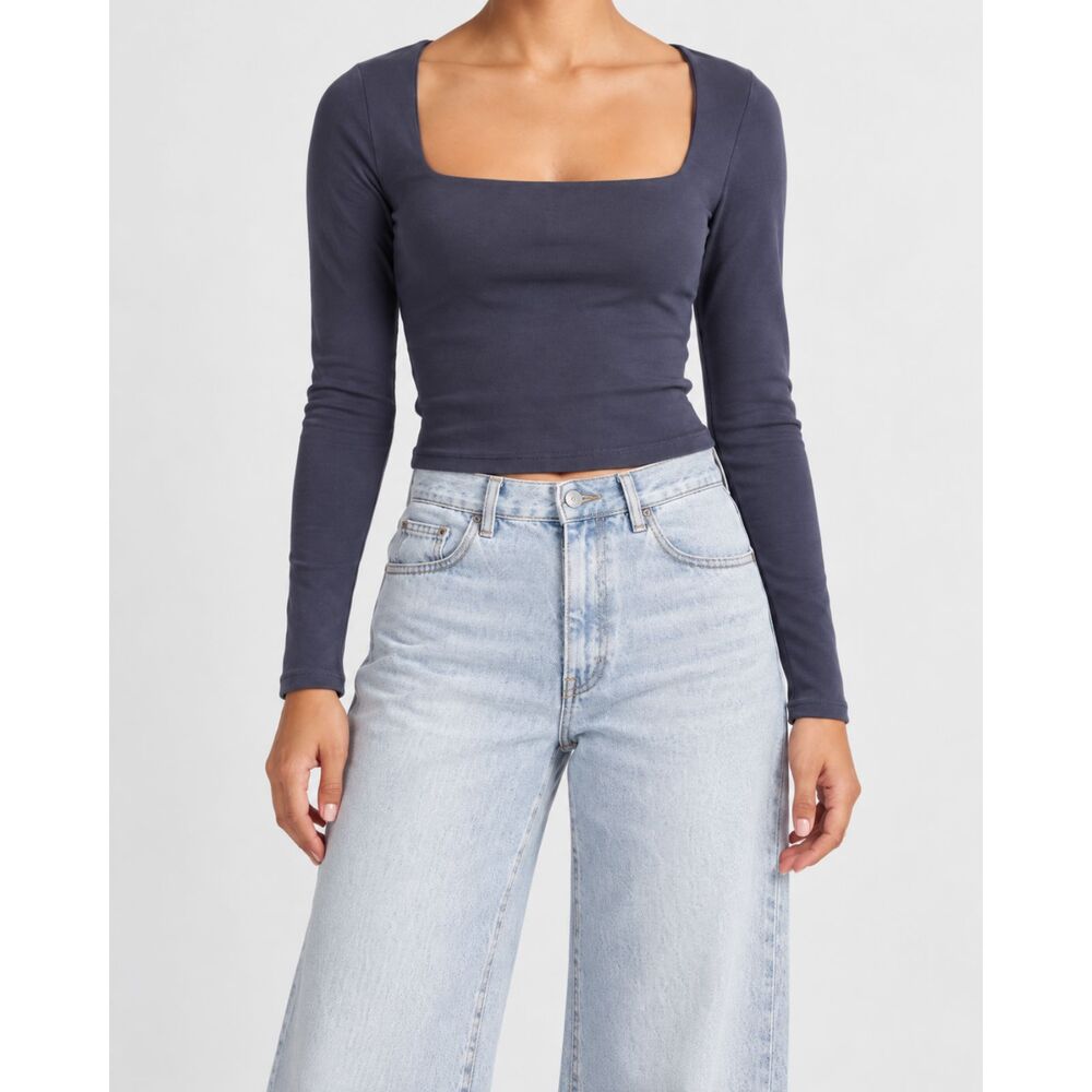 Garage Square Neck Long Sleeve Crop Top Blue Gray Fitted Stretch Women’s Small